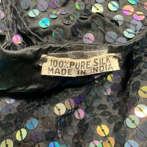 Vintage Sequin Embellished Silk Short Sleeve Blouse - Black, Size Large - Picture 6 of 7